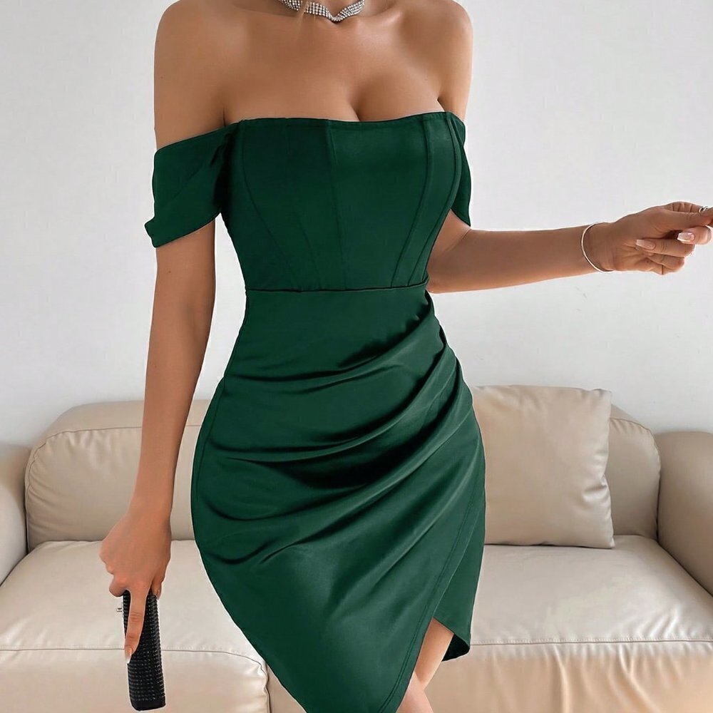 Green Preppy Womens Off Shoulder Ruched Tulip Hem Dress - Picture 1 of 5